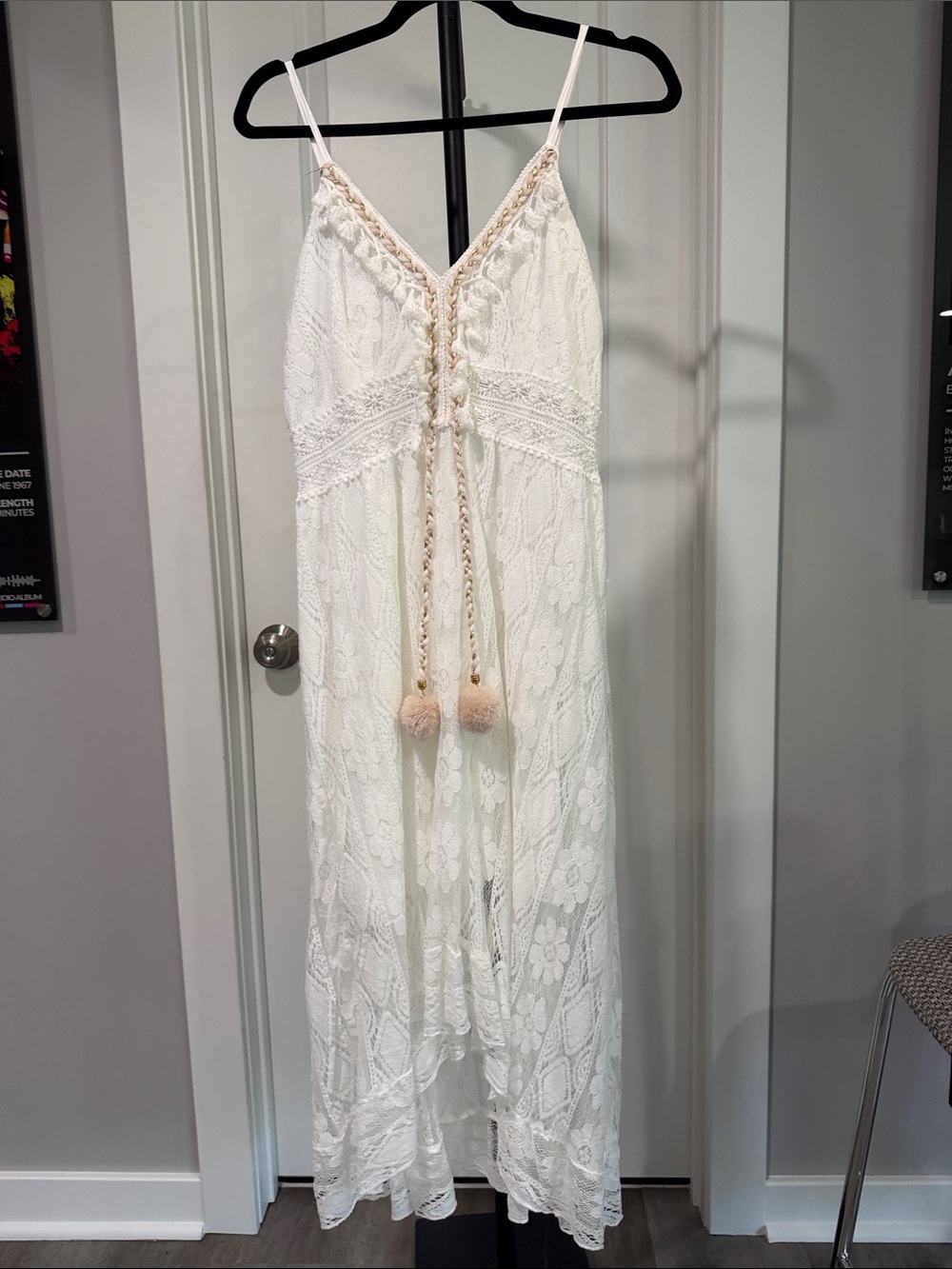 White Lace Maxi Dress with Pom-Tie Detail-Festival, boho,hi/lo maxi